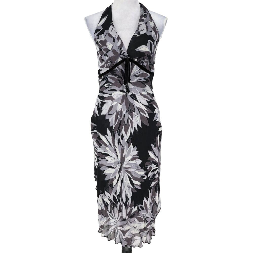 Eva Blue Dress Petites 8P Black Gray Floral Chiffon Halter Velour Trim Vintage